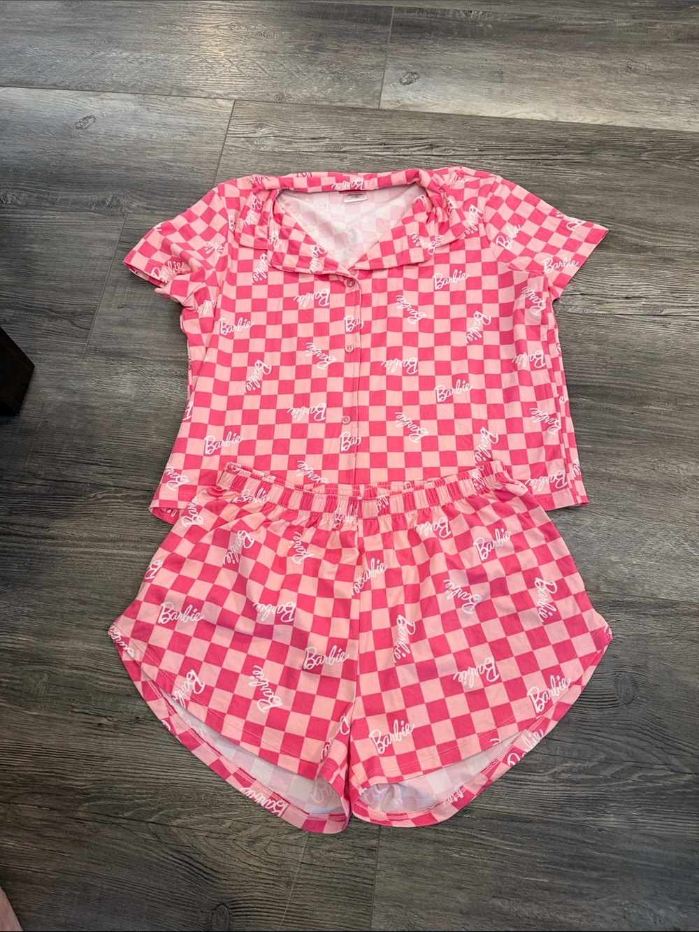 Barbie Pink Checker Short Pajama Set with Script Print